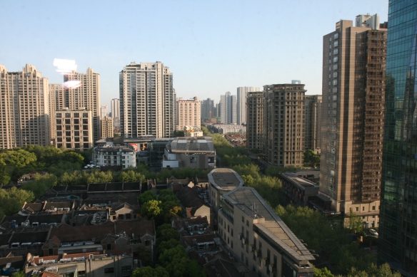 Xintiandi neighbourhood redevelopment in Shanghai as viewed from an upper floor of the Langham Hotel. 